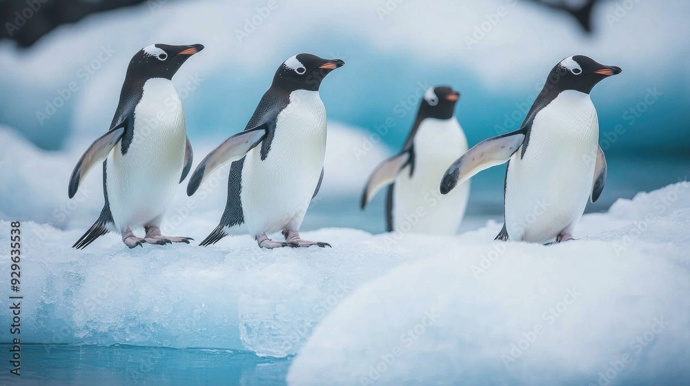 Obraz premium Penguins waddling along an icy shoreline, representing marine life in cold-water habitats.