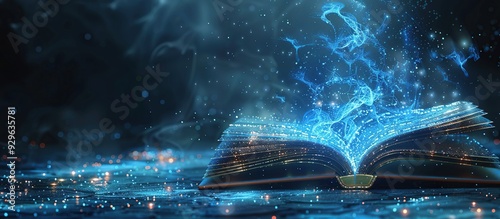 Magical Book with Glowing Blue Energy. illustration of magic book or portal. Copy Space. AI generated image