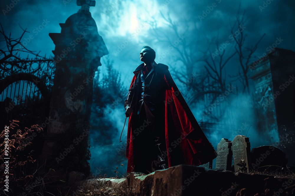 Captivating image of an enchanting vampire standing in a moonlit graveyard, perfect for promoting halloween events. The eerie atmosphere created by the moonlight and tombstones adds a spooky touch.