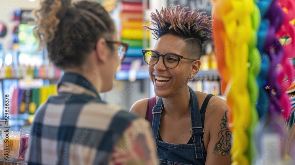 Obraz premium LGBTQ worker interacting with a customer in a small business, friendly conversation, welcoming store environment, inclusive service, bright and cheerful setting
