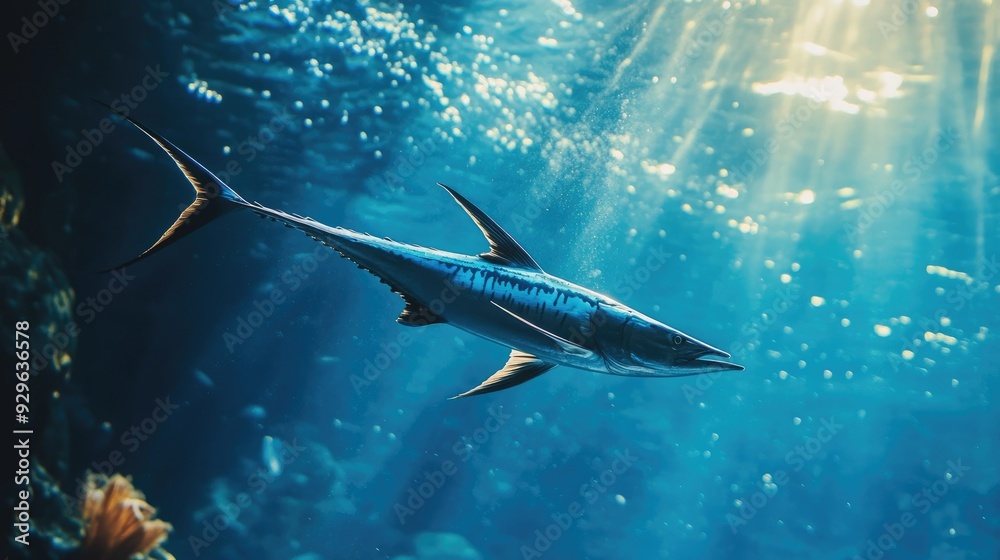 Naklejka premium Sleek swordfish swimming swiftly through the ocean, representing the speed and agility of marine predators