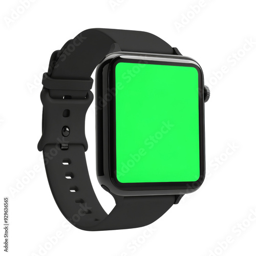 Mock up black smart watch with green screen, isolated on white background