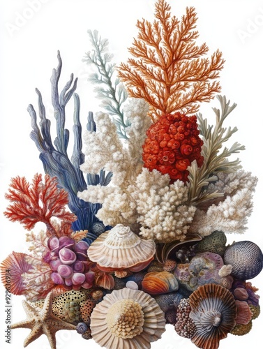 Underwater Paradise: A Colorful Still Life of Coral and Shells