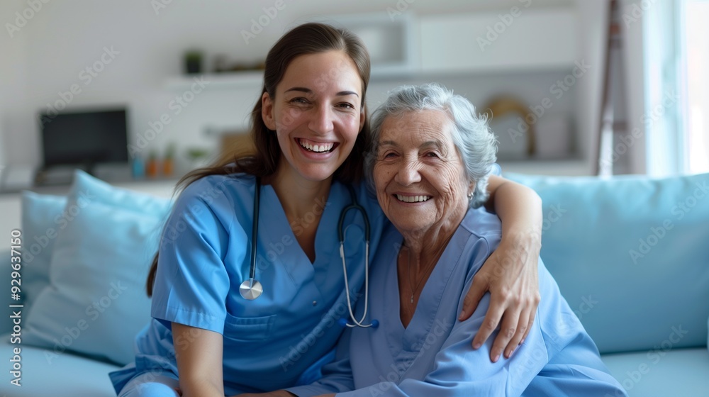 Obraz premium Nurse and elderly woman in scrubs pose warmly on blue sofa.