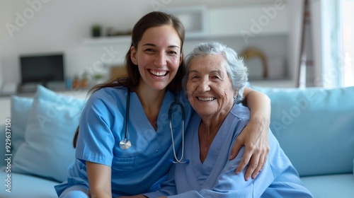 Nurse and elderly woman in scrubs pose warmly on blue sofa.