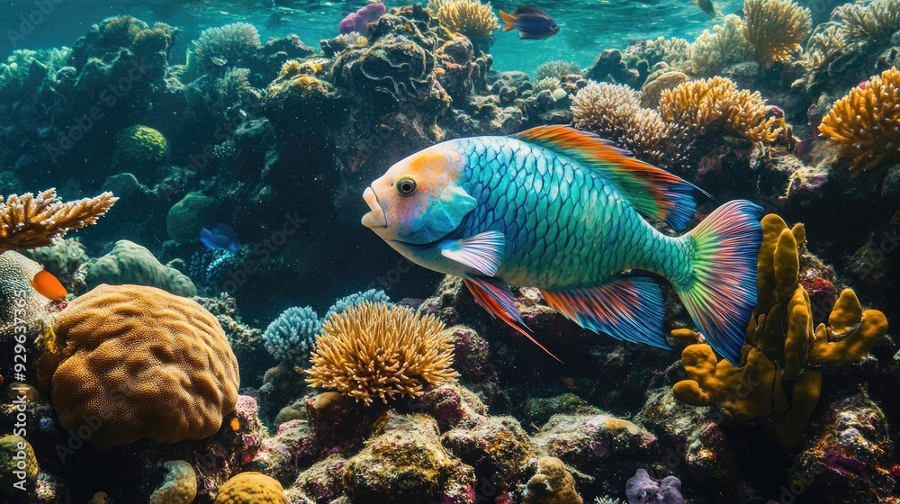 Vibrant parrotfish nibbling on coral, contributing to the health of the reef ecosystem. Vibrant parrotfish nibbling on coral, contributing to the health of the reef ecosystem.