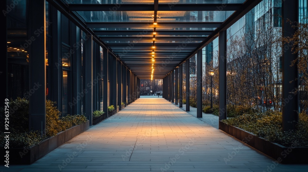 View of a quiet, urban walkway with decorative lighting, completely empty. View of a quiet, urban walkway with decorative lighting, completely empty.