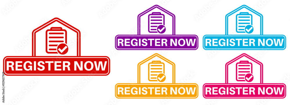 set trendy colorful register now labels icon. enter registry sign template sticker design vector illustration set trendy colorful register now labels icon. enter registry sign template sticker design vector illustration