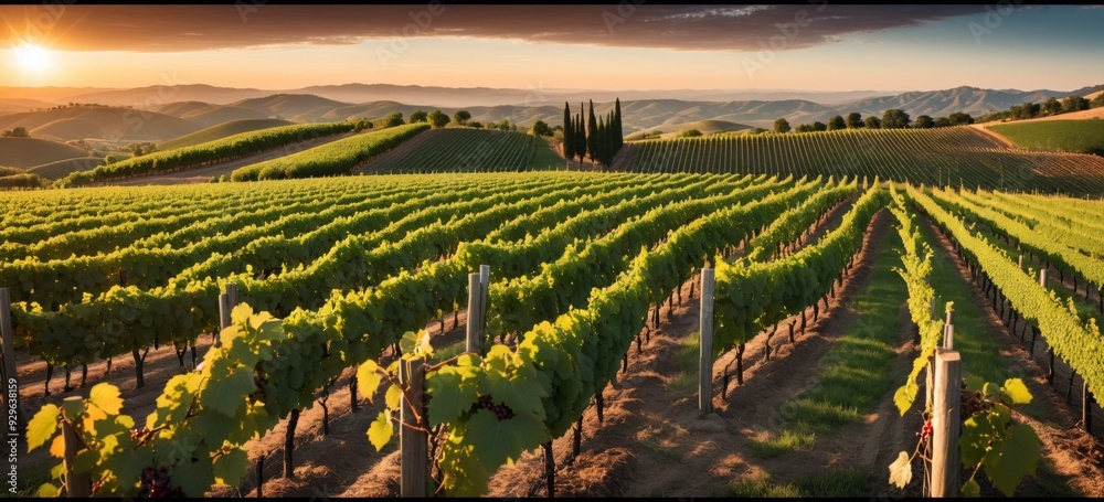 Fototapeta premium Vineyard at Sunset: Beautiful Contrast of Warm Orange and Yellow