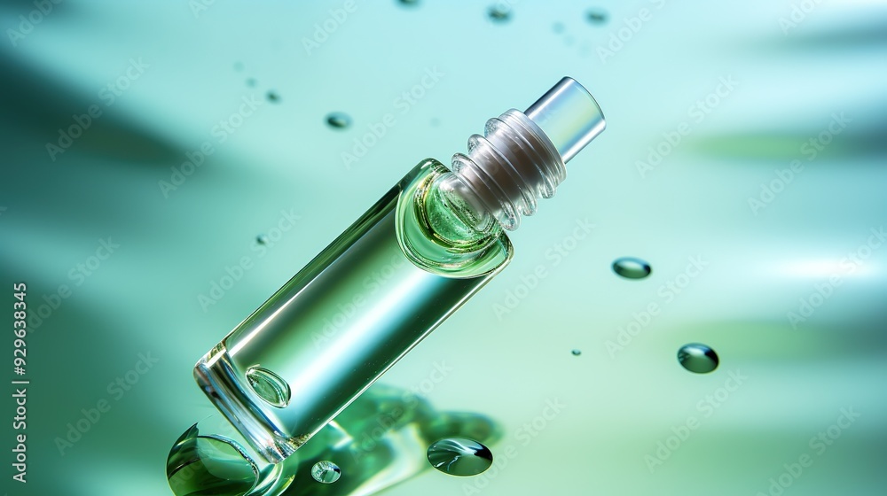 Green Perfume Bottle with Droplets on a Teal Background. Green Glass Spray, Tonic or Serum Bottle Packaging with Cap. AI generated image