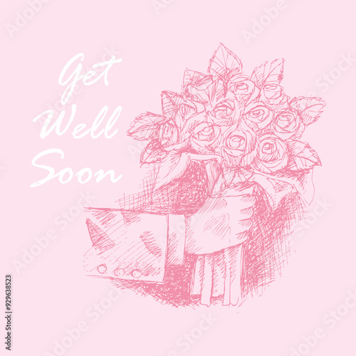Get well soon card. Vector hand drawn illustration with bouquet of roses