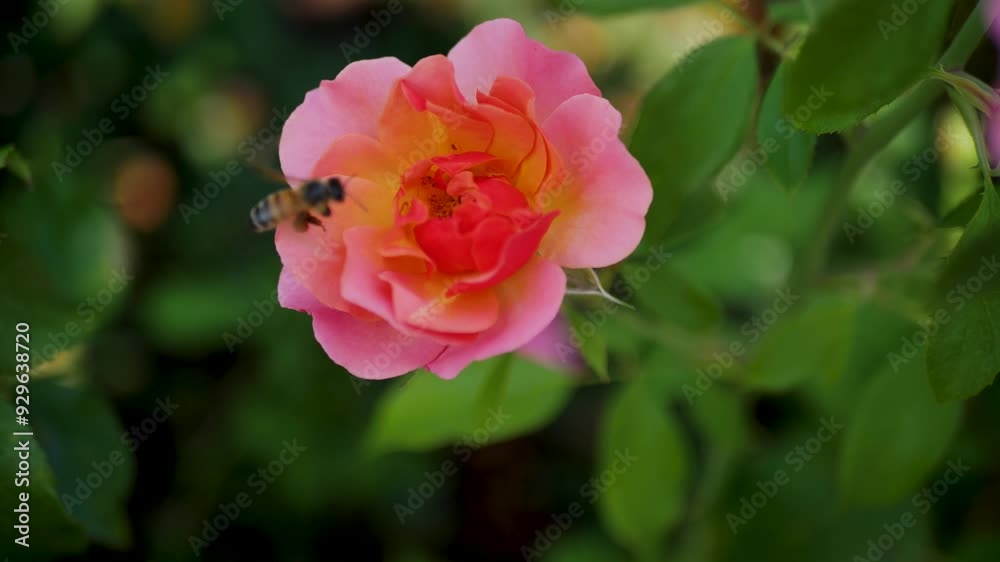 Slow motion close-up of bee buzzing around inside of pink rose flower in gardens of Portland Oregon USA America nature outdoors insects plants honeybee wildlife Slow motion close-up of bee buzzing around inside of pink rose flower in gardens of Portland Oregon USA America nature outdoors insects plants honeybee wildlife