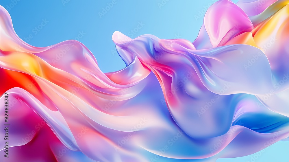 Fototapeta premium Vibrant abstract 3D render of flowing pastel liquid waves with smooth satin texture over a light blue background.