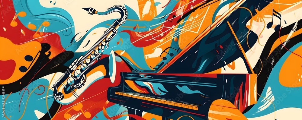 Obraz premium Abstract Illustration of a Saxophone and Piano with Musical Notes