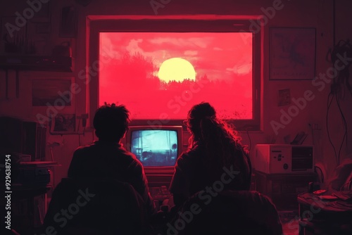 two silhouetted figures sitting in a dark room, gazing at a bright, vivid sunset displayed on a computer screen.