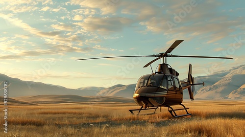 A brown private chopper is parked in an open field