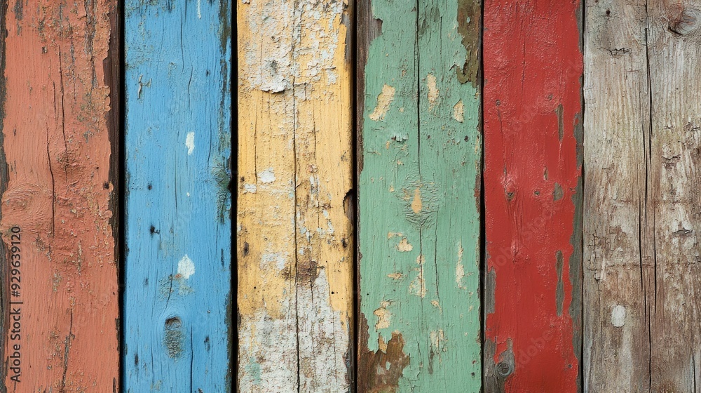Weathered wooden planks with peeling paint and cracks, showcasing the beauty of aged textures.