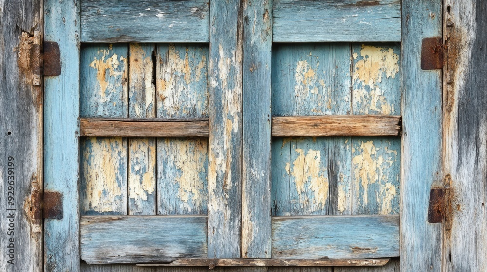 Weathered wooden shutters with peeling paint, creating a rustic and old-world charm. Weathered wooden shutters with peeling paint, creating a rustic and old-world charm.