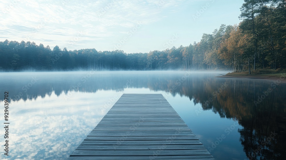 Wide view of an empty wooden boardwalk extending over a calm lake. Wide view of an empty wooden boardwalk extending over a calm lake.
