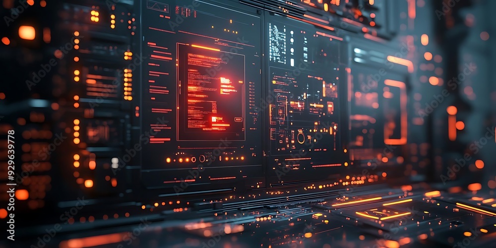 Futuristic Technology Interface: 3D Digital Display with Orange Glowing Lines