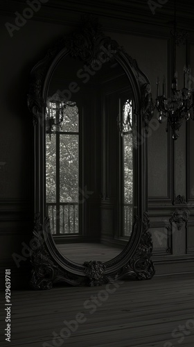 Haunted mirror, with a ghostly reflection, in a dark room, under flickering candlelight photo