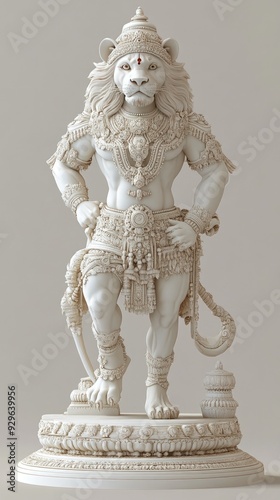 Indian temple statue, of a lion (Simha), standing guard, under soft morning light photo