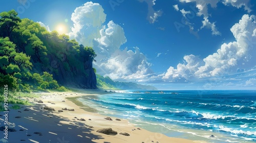 Tranquil Beachscape with Lush Foliage and Rolling Waves photo