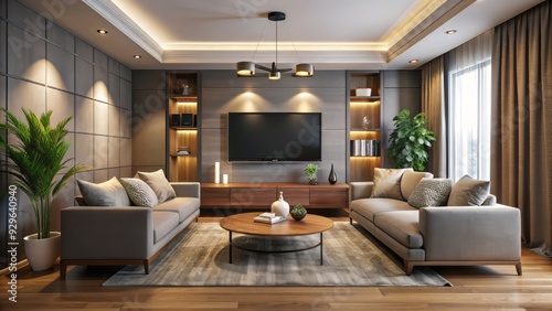 Cozy modern living room with sleek dark gray walls  comfortable beige couch  and large flat-screen TV mounted on the wall  surrounded by warm lighting.
