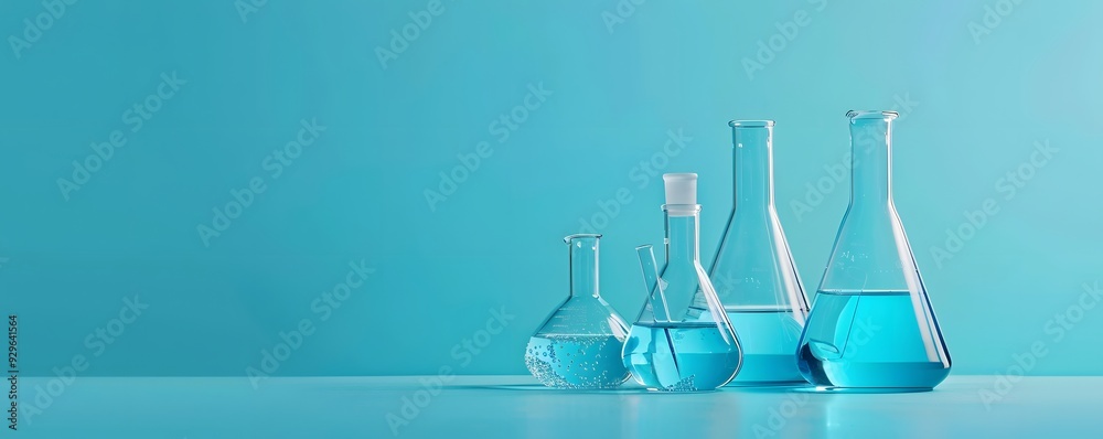 A collection of laboratory glassware filled with blue liquid A collection of laboratory glassware filled with blue liquid