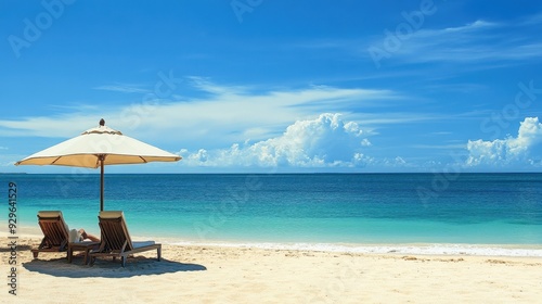 A serene beach scene with lounge chairs and an umbrella under a clear blue sky.