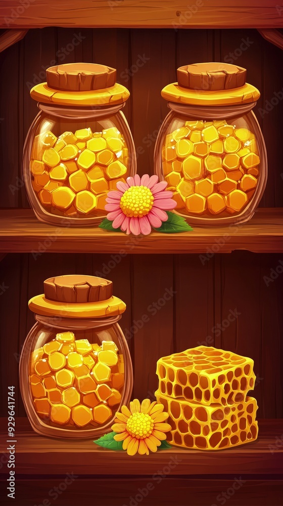 Organic honey, in glass jars, with honeycomb beside them, on a wooden shelf, warm ambient light Organic honey, in glass jars, with honeycomb beside them, on a wooden shelf, warm ambient light