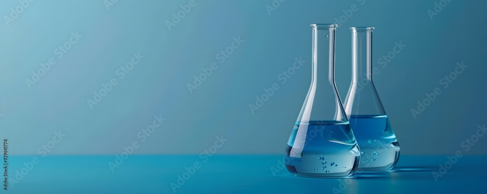 Two Glass Flasks Filled with Blue Liquid on a Blue Surface Two Glass Flasks Filled with Blue Liquid on a Blue Surface