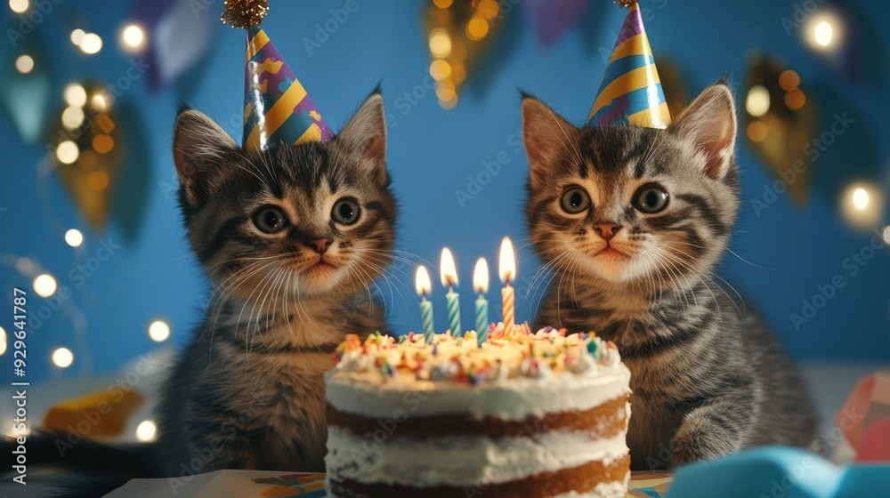 Birthday scene with two cats in party hats, a cake with lit candles, and a playful blue backdrop. Birthday scene with two cats in party hats, a cake with lit candles, and a playful blue backdrop.
