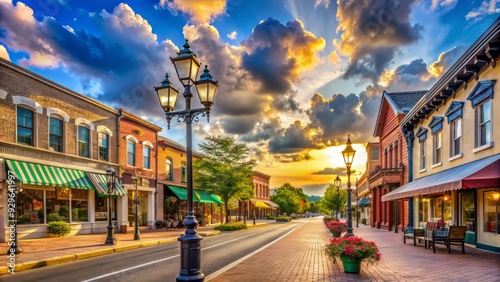 Cozy small-town main street with charming historic buildings, quaint shops, and vintage street lamps under a warm sunny sky with fluffy white clouds.