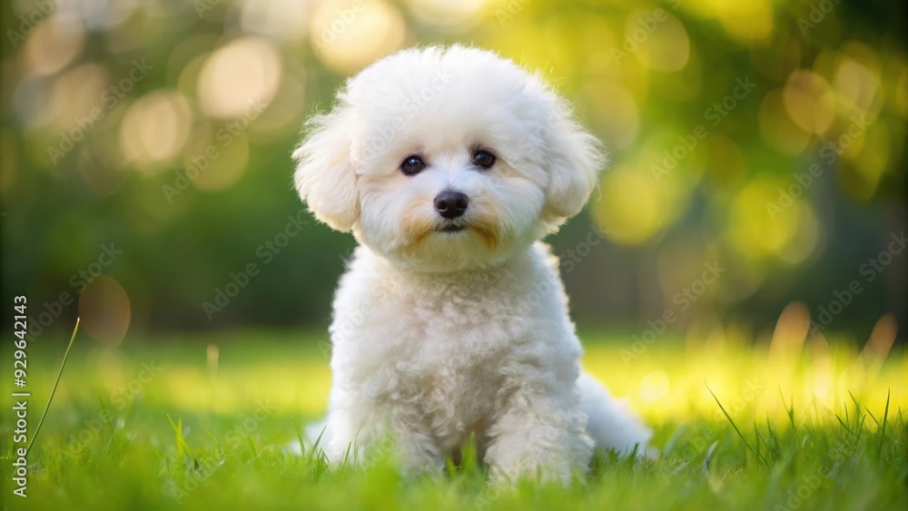 Fluffy white Bichon Frise puppy with curly fur sitting on grass , cute, adorable, pet, dog, breed, furry, playful, small, fluffy