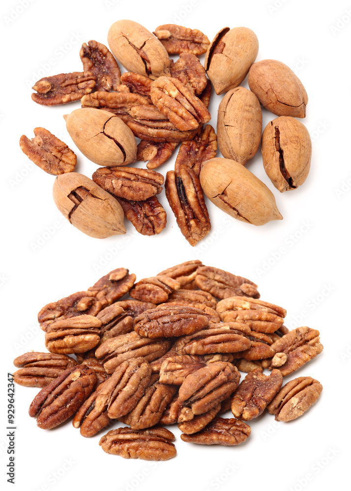 Peeled pecan nuts closeup, isolated on white background Peeled pecan nuts closeup, isolated on white background