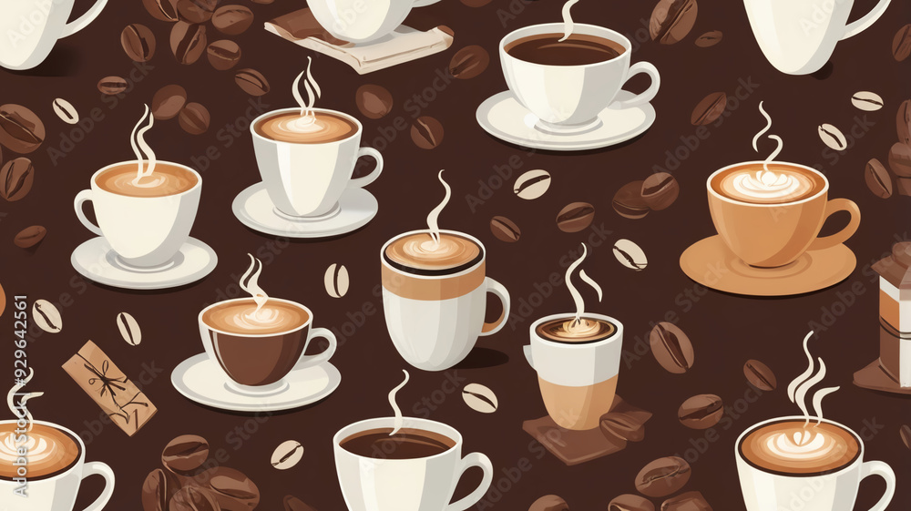 Obraz premium Seamless pattern with coffee cups, coffee beans, and chocolate on dark brown background, cozy cafe design