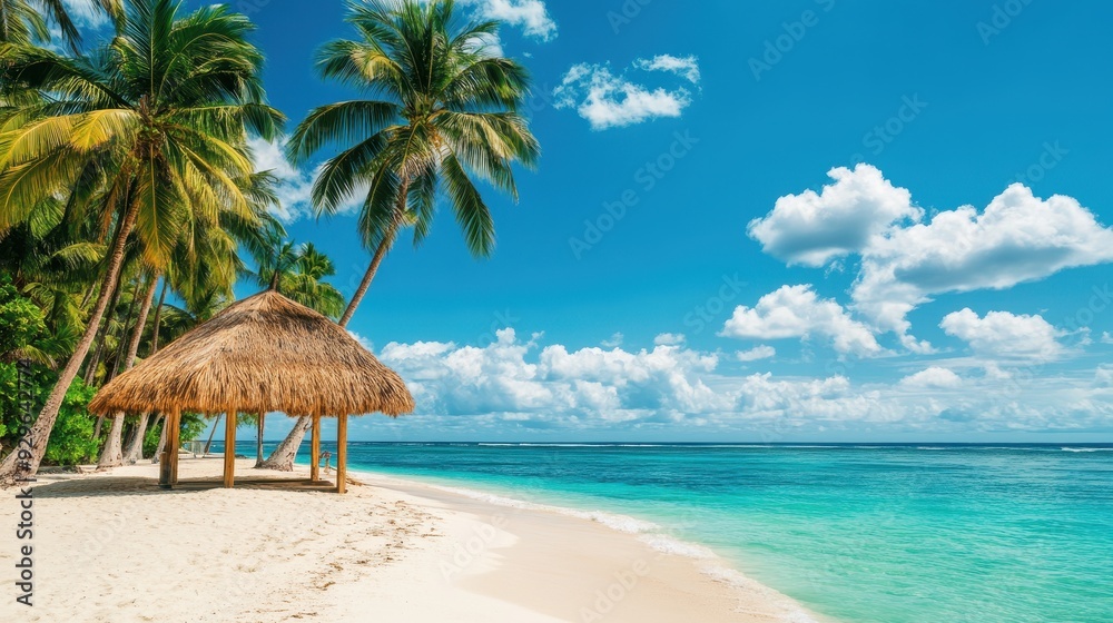 A serene beach scene with palm trees and a thatched hut under a clear blue sky. A serene beach scene with palm trees and a thatched hut under a clear blue sky.