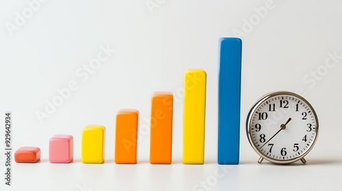 A visual representation of growth with colorful bars and a clock, symbolizing time and progress.