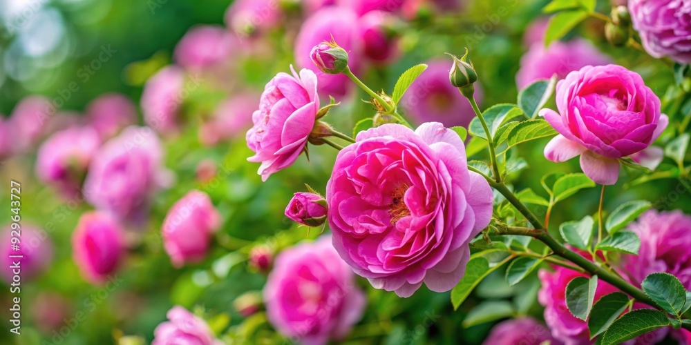 Close up view of pink Rosa damascena shrub plant in Bulgaria's Valley of Roses , pink, oil-bearing, flowering, shrub Close up view of pink Rosa damascena shrub plant in Bulgaria's Valley of Roses , pink, oil-bearing, flowering, shrub