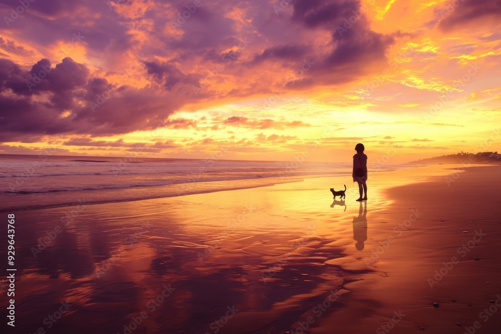 A Woman and Her Cat Enjoying a Serene Sunset on a Sandy Beach. A Woman and Her Cat Enjoying a Serene Sunset on a Sandy Beach.