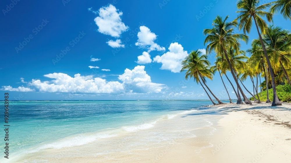 Obraz premium A serene beach scene with palm trees, clear water, and a bright blue sky.