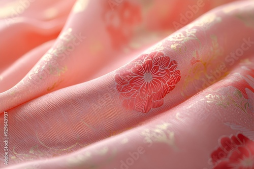 It is a high-quality Hanbok fabric with a harmonious combination of pink and red colors. Although it is not provocatively flashy, it is embroidered with subtle and beautiful flowers, expressing the be photo