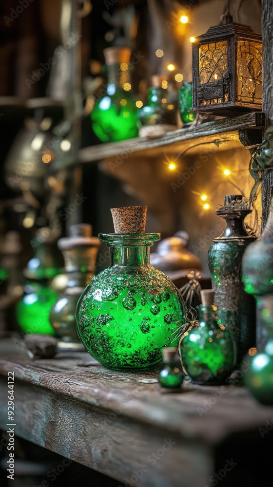 Witch’s potion bottles, glowing with mysterious liquids, on a dusty shelf, soft ambient light Witch’s potion bottles, glowing with mysterious liquids, on a dusty shelf, soft ambient light