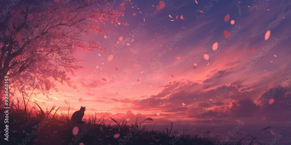 Fototapeta premium A Solitary Cat Silhouetted Against a Breathtaking Sunset with Falling Cherry Blossoms.