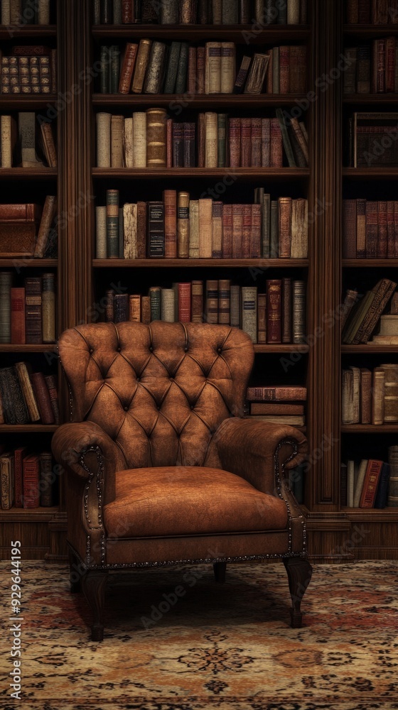Wooden bookshelf, filled with old books, beside a reading chair, soft ambient light Wooden bookshelf, filled with old books, beside a reading chair, soft ambient light
