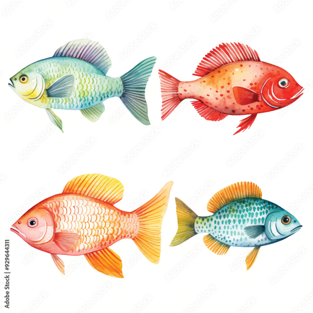 Naklejka premium watercolor painting of sea fish four collection isolated
