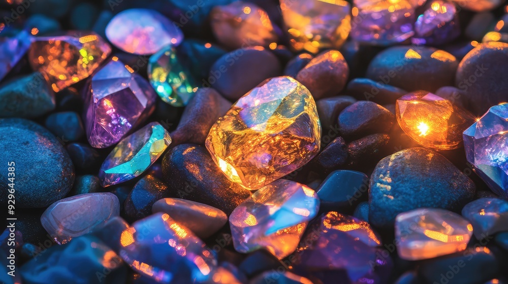A close-up of prismatic stones arranged in a radiant pattern, with soft, ambient light enhancing their colorful sparkle. A close-up of prismatic stones arranged in a radiant pattern, with soft, ambient light enhancing their colorful sparkle.