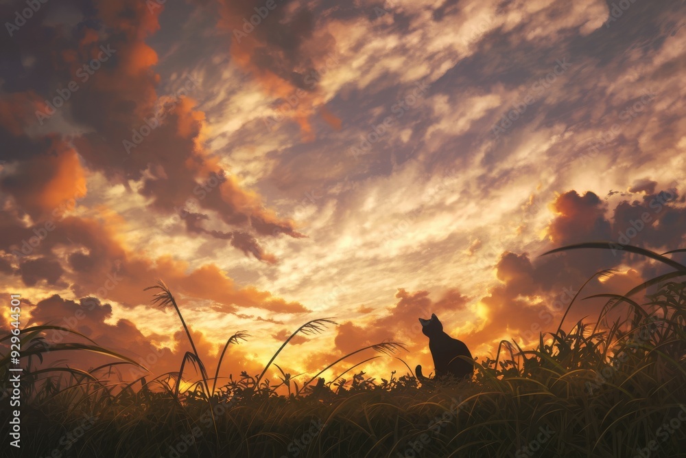 Fototapeta premium Silhouette of a Cat Sitting in a Field of Grass Against a Sunset Sky.