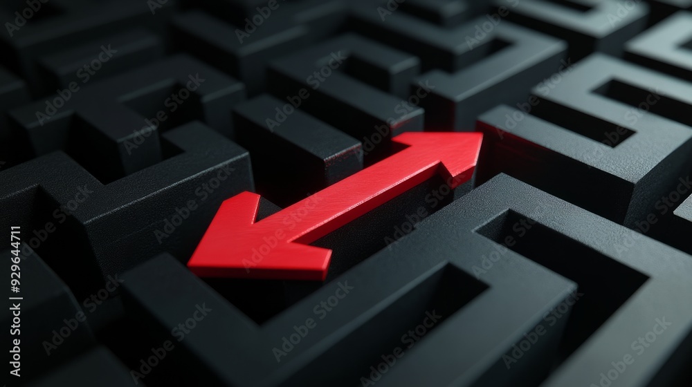 Black maze with a red arrow pointing at the center Black maze with a red arrow pointing at the center